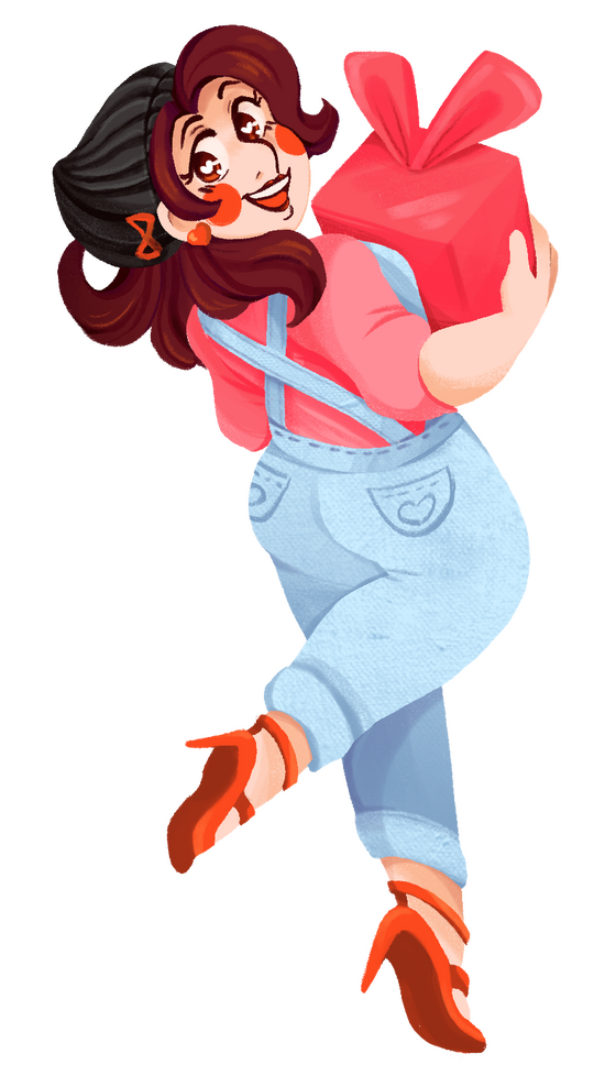 Penny Parker wearing a branded sweater with her logo on it and ripped jeans.